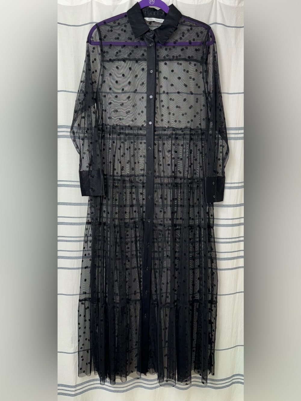ZARA • Long Polka Dot Tulle Dress Shirt Style Semi-sheer dress • Size M